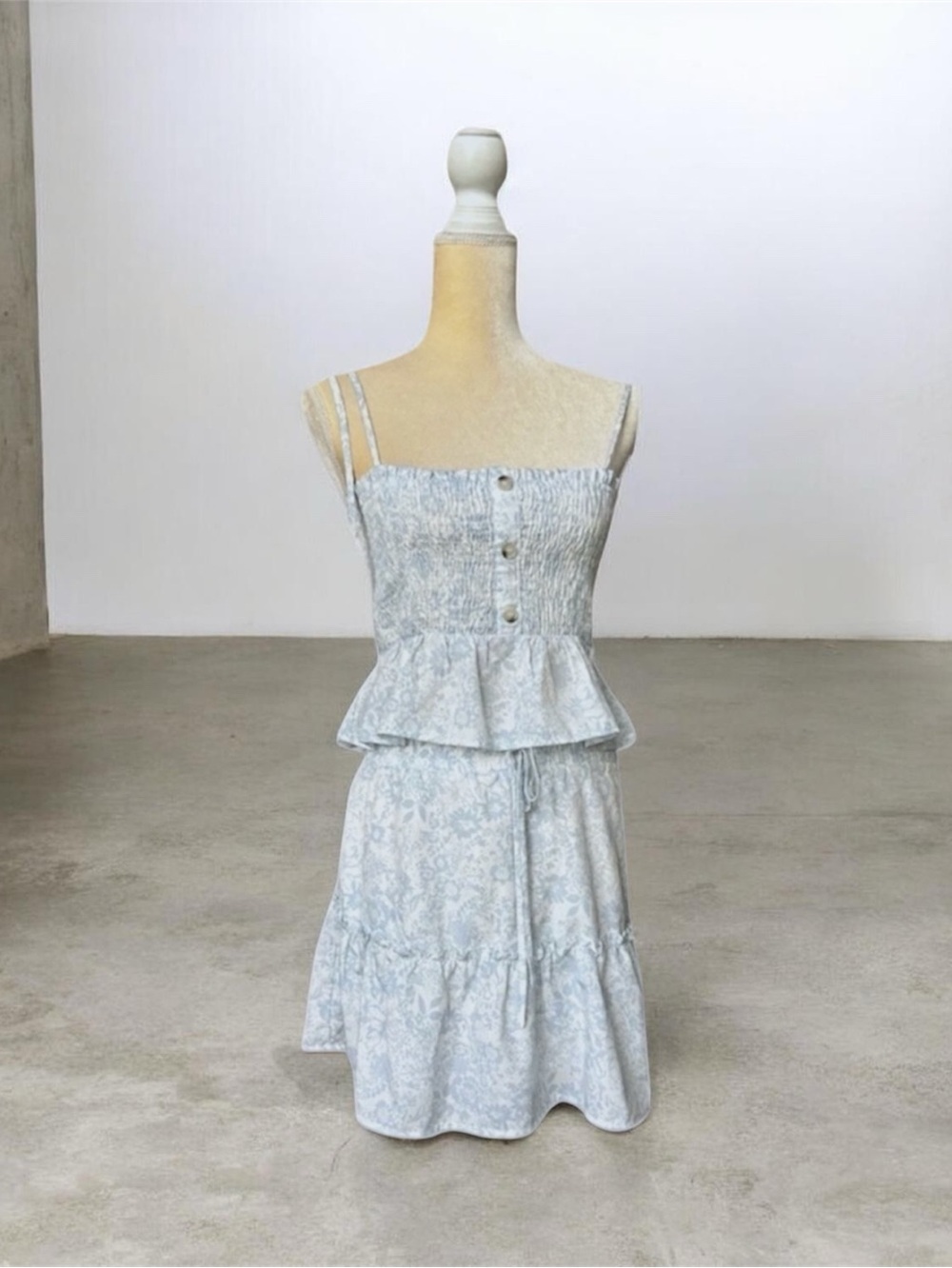 Paper Crane Top Skirt Set Med Floral Smocked Peplum Tiered  Coquette Lightweight